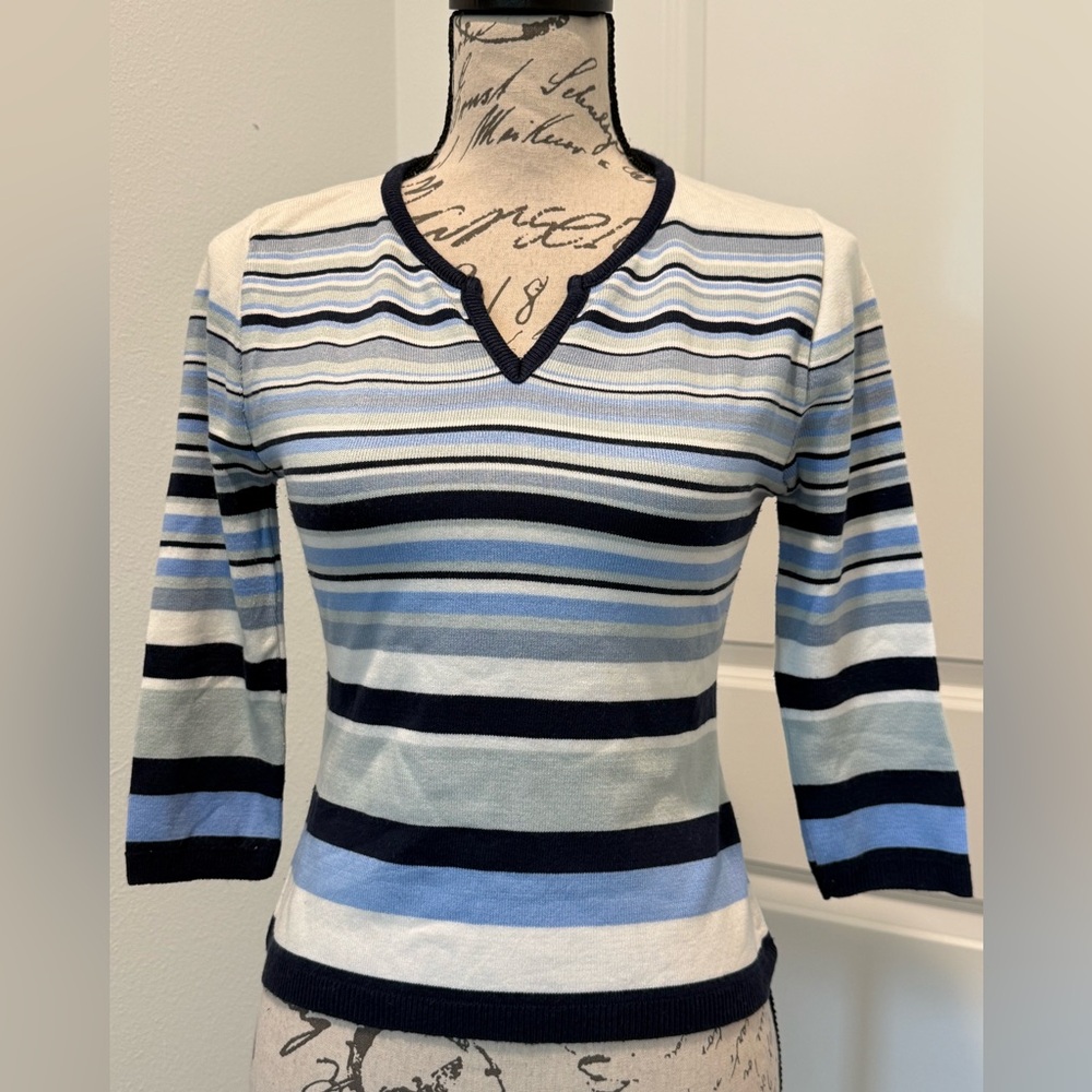 Vintage Brand New Striped 3/4 Sleeve Split V-Neck Sweater